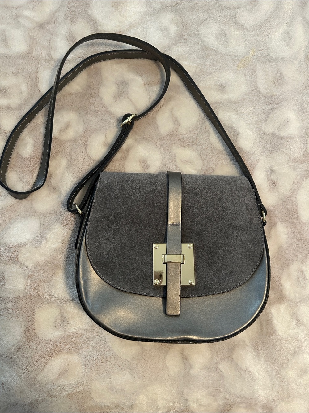 Grey Italian Leather Crossbody Bag with Gold Hardware